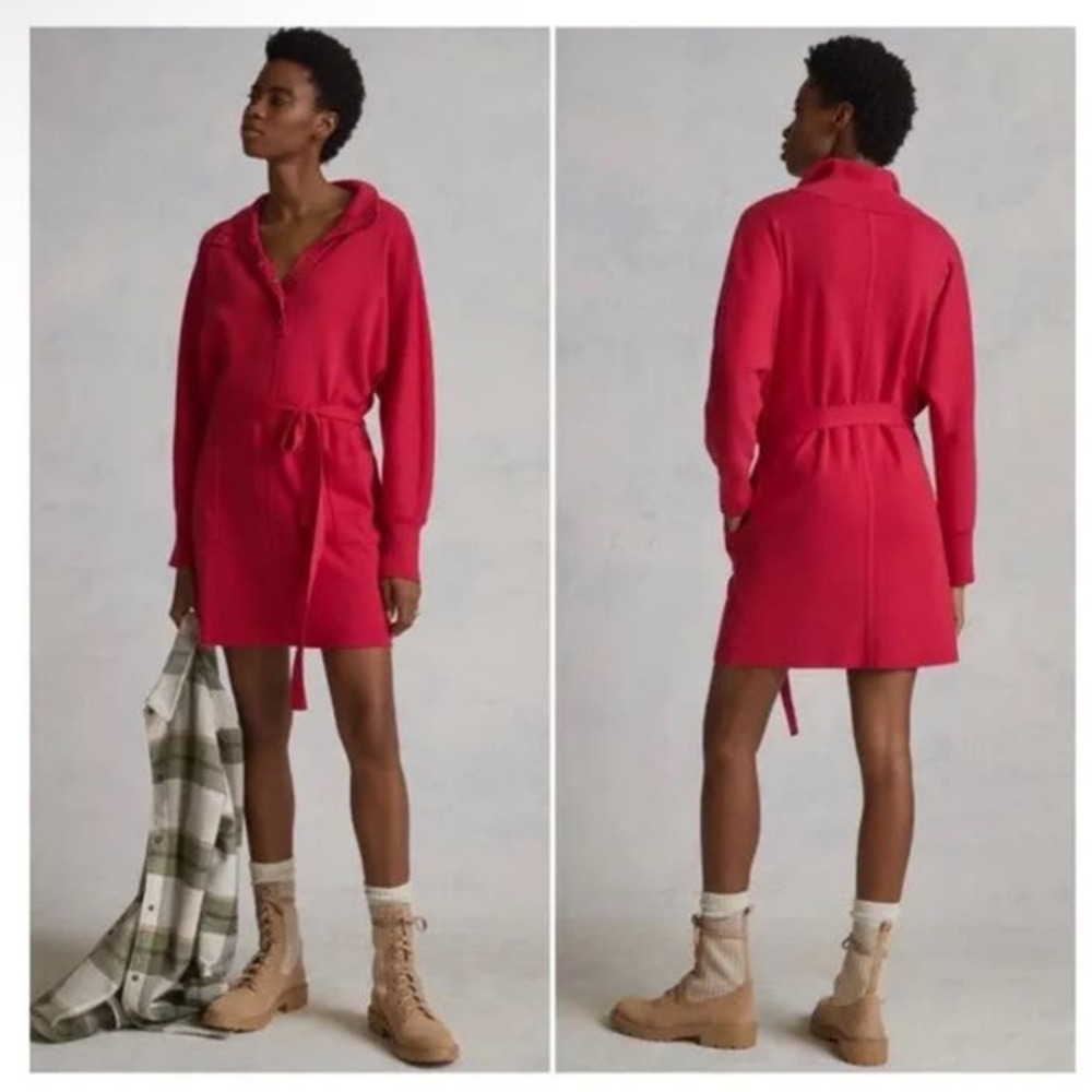 Anthropologie Daily Practice belted polo knit mini hot pink dress